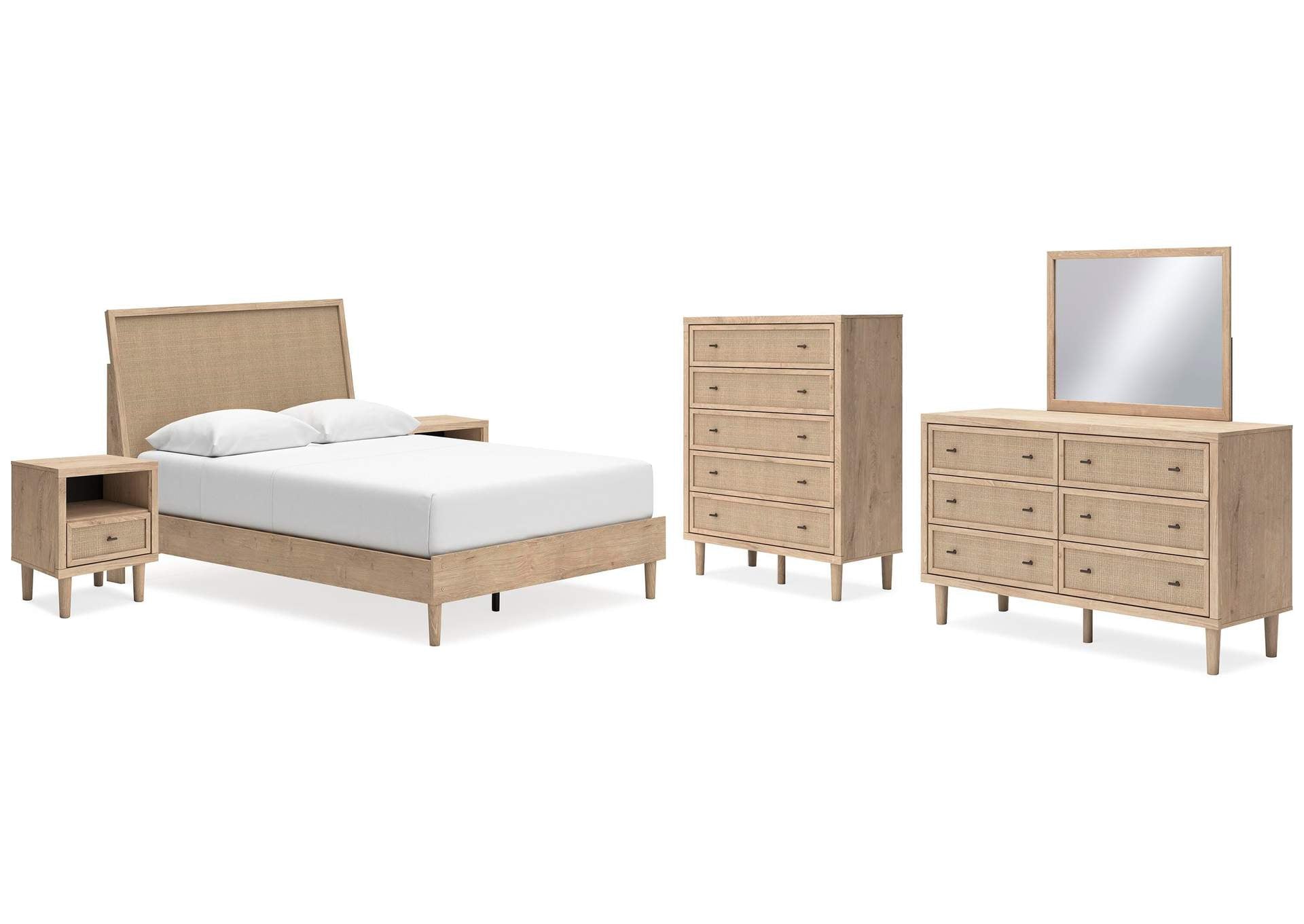 Cielden Queen Panel Bed with Mirrored Dresser, Chest and 2 Nightstands