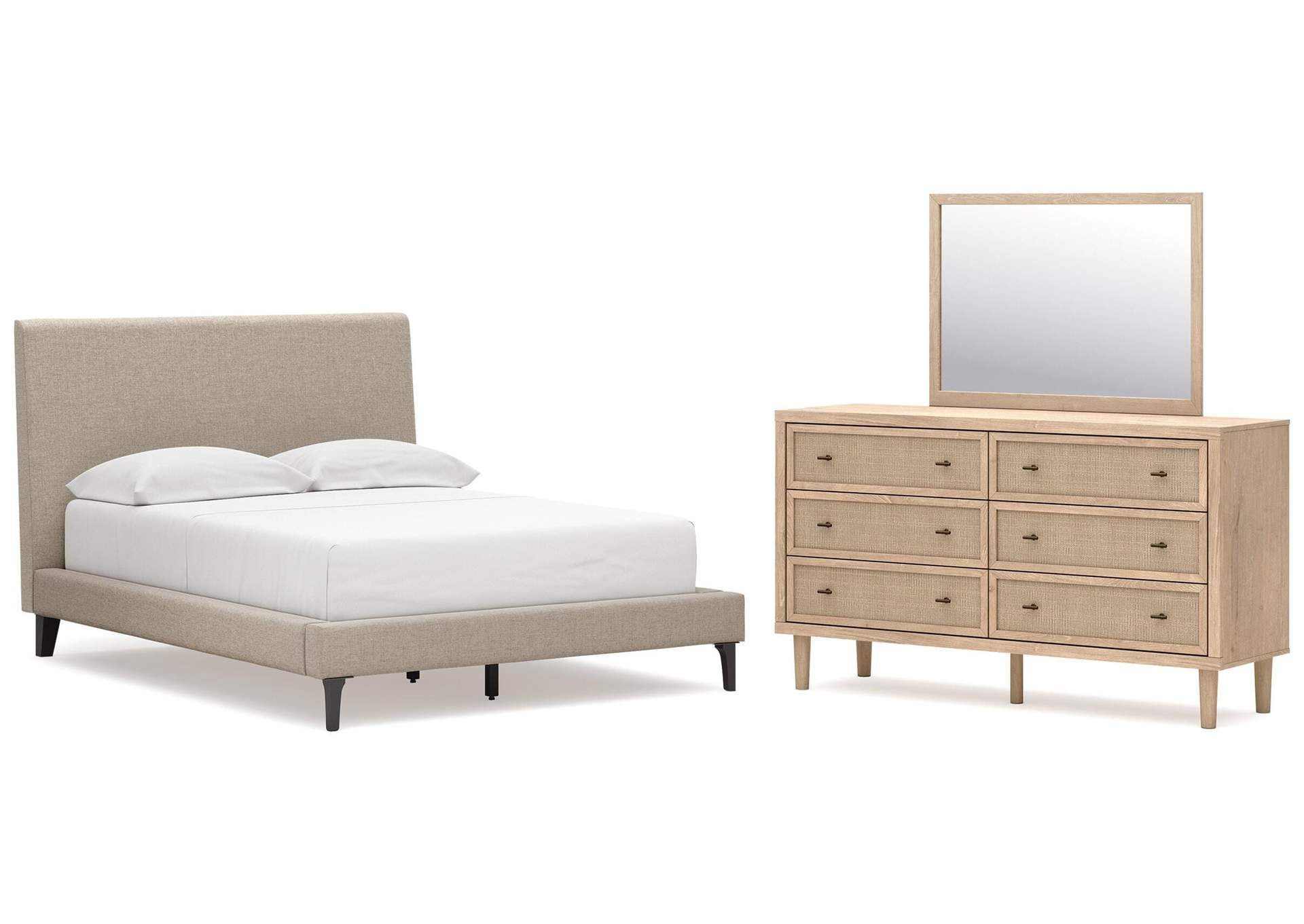 Cielden Full Upholstered Bed with Roll Slats, Dresser and Mirror