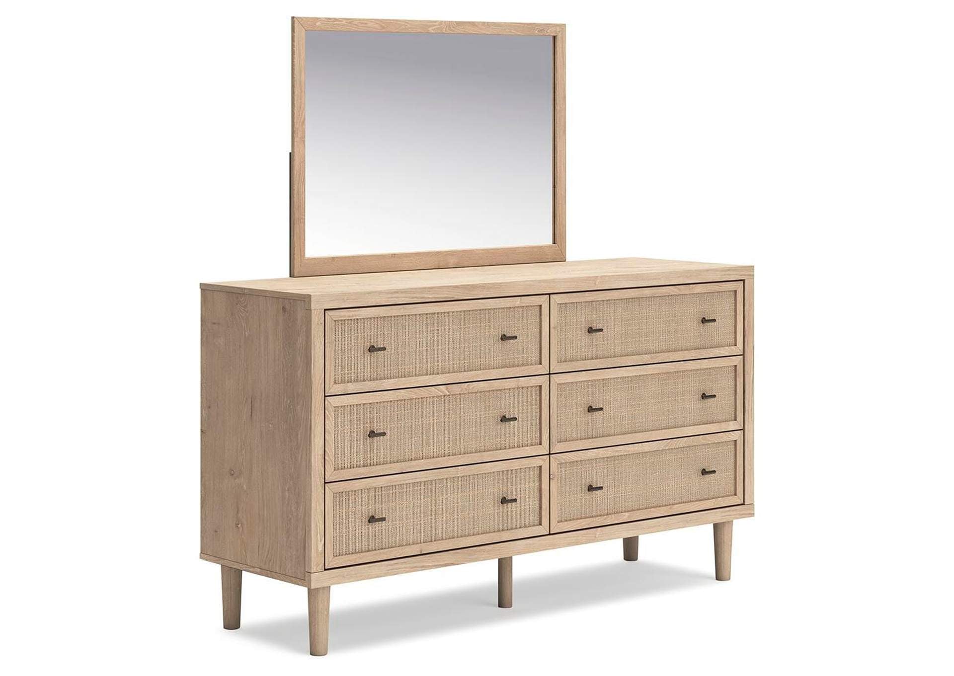 Cielden King Panel Bed with Mirrored Dresser and 2 Nightstands angled view