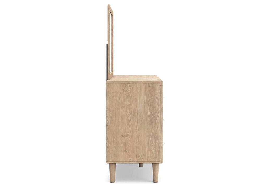 Cielden Queen Panel Headboard with Mirrored Dresser and Nightstand side view