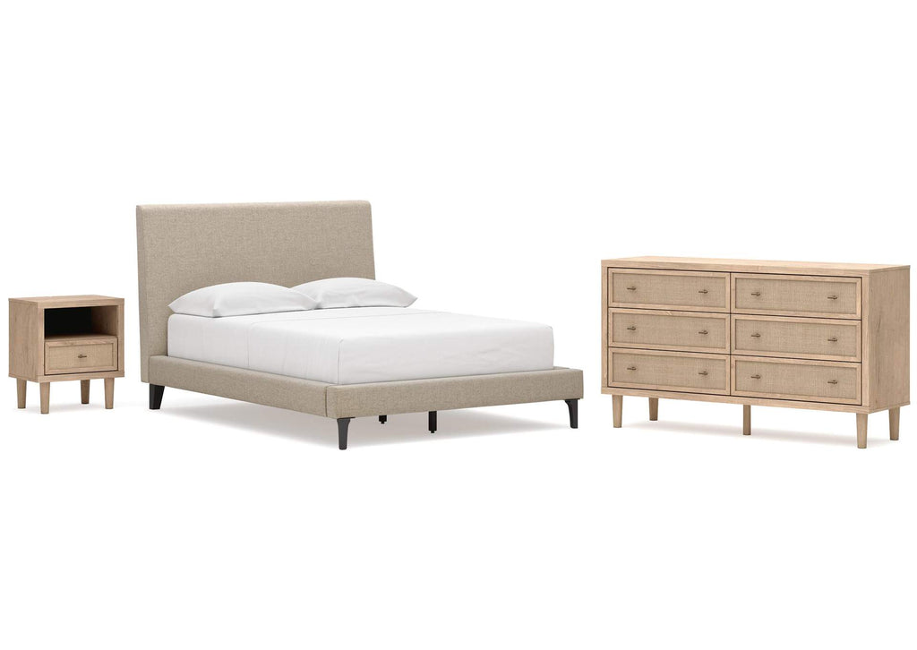 Cielden Full Upholstered Bed with Roll Slats, Dresser and Nightstand