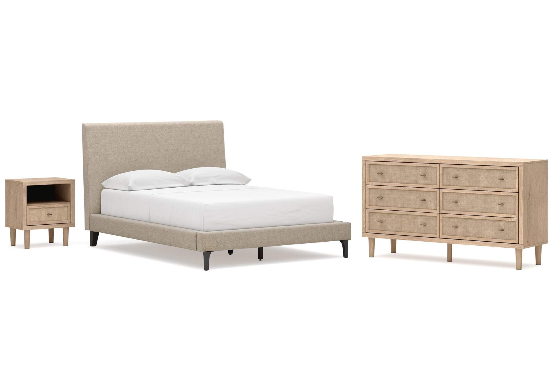 Cielden Full Upholstered Bed with Roll Slats, Dresser and Nightstand