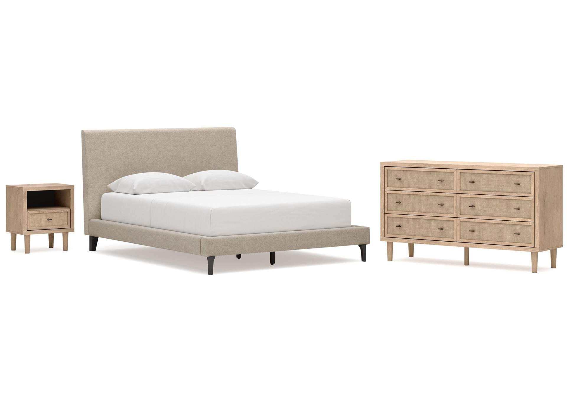 Cielden Queen Upholstered Bed with Roll Slats, Dresser and Nightstand