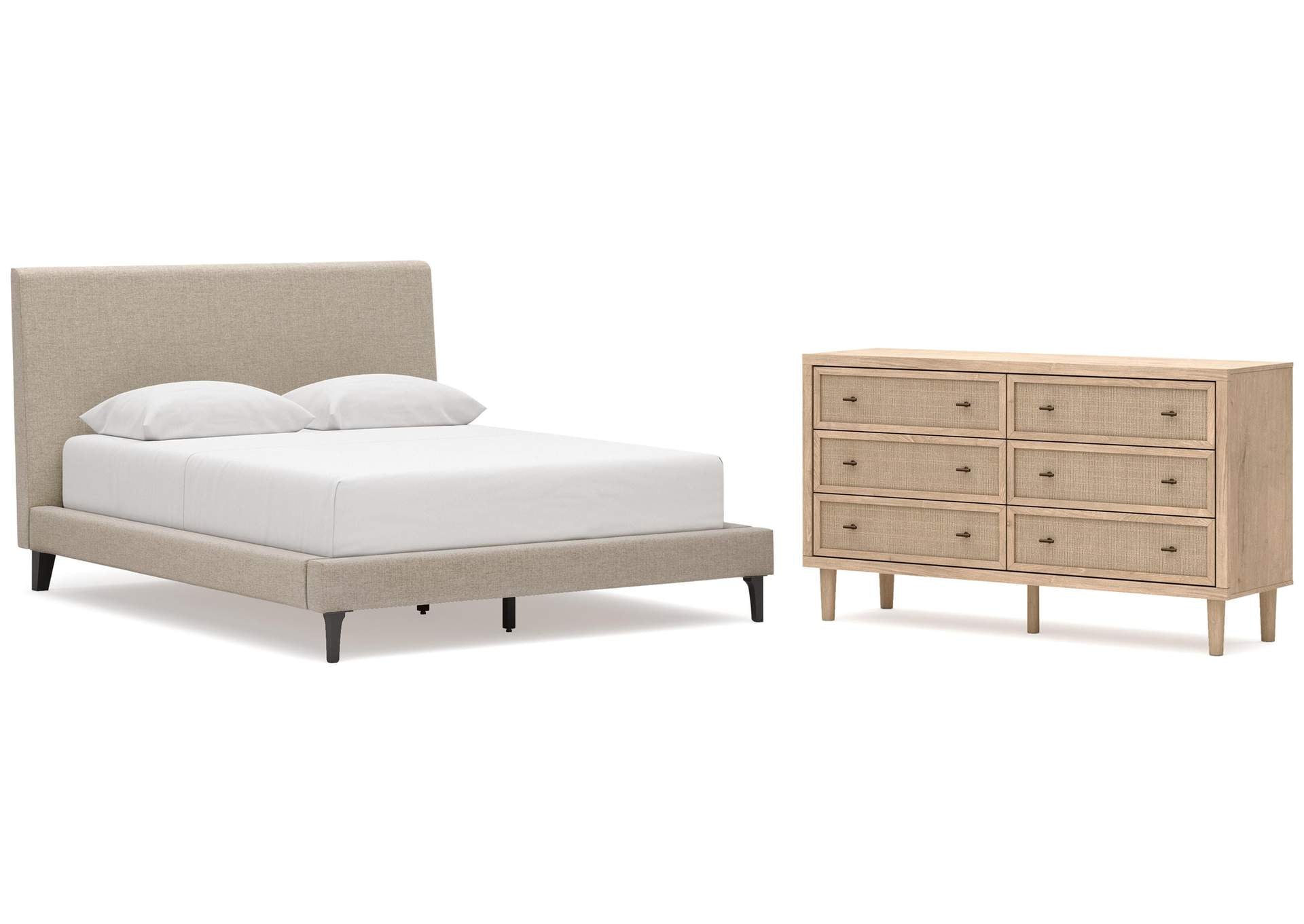 Cielden Queen Upholstered Bed with Roll Slats and Dresser