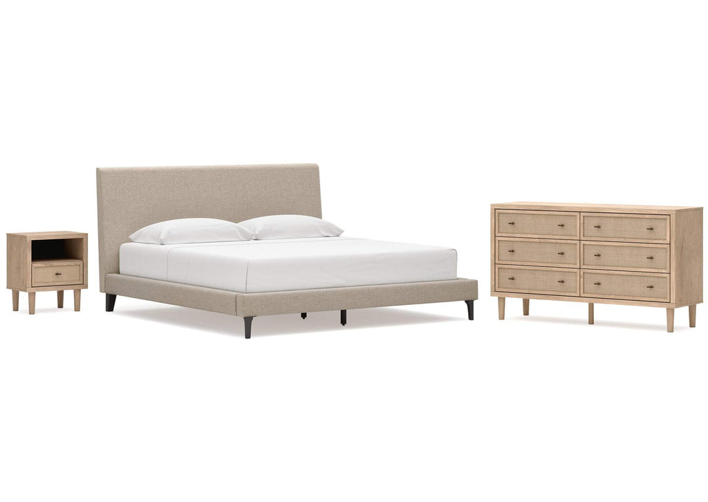 Cielden King Upholstered Bed with Roll Slats, Dresser and Nightstand