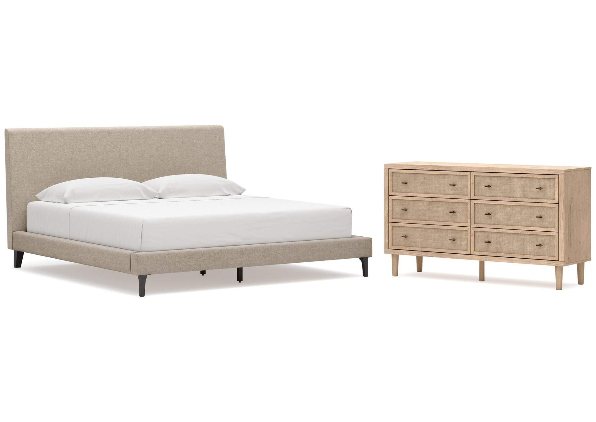 Cielden King Upholstered Bed with Roll Slats and Dresser