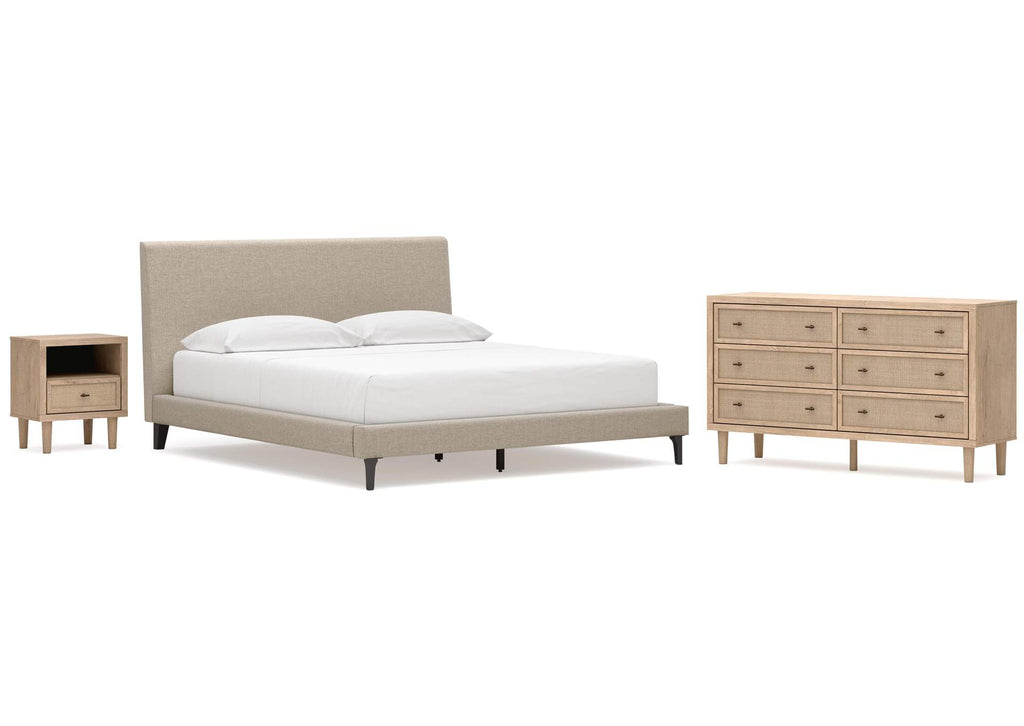 Cielden California King Upholstered Bed with Roll Slats, Dresser and Nightstand