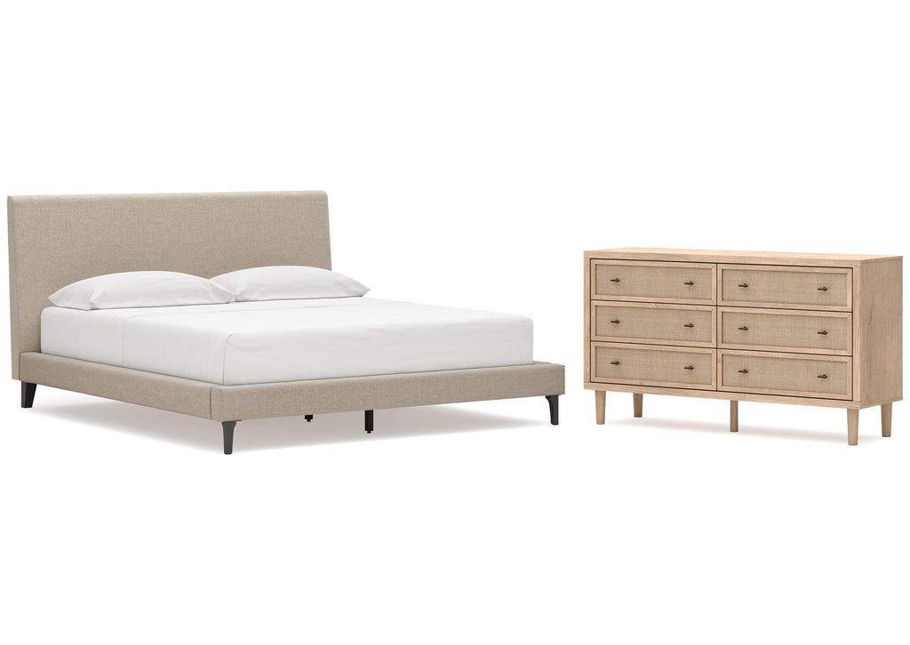 Cielden California King Upholstered Bed with Roll Slats and Dresser