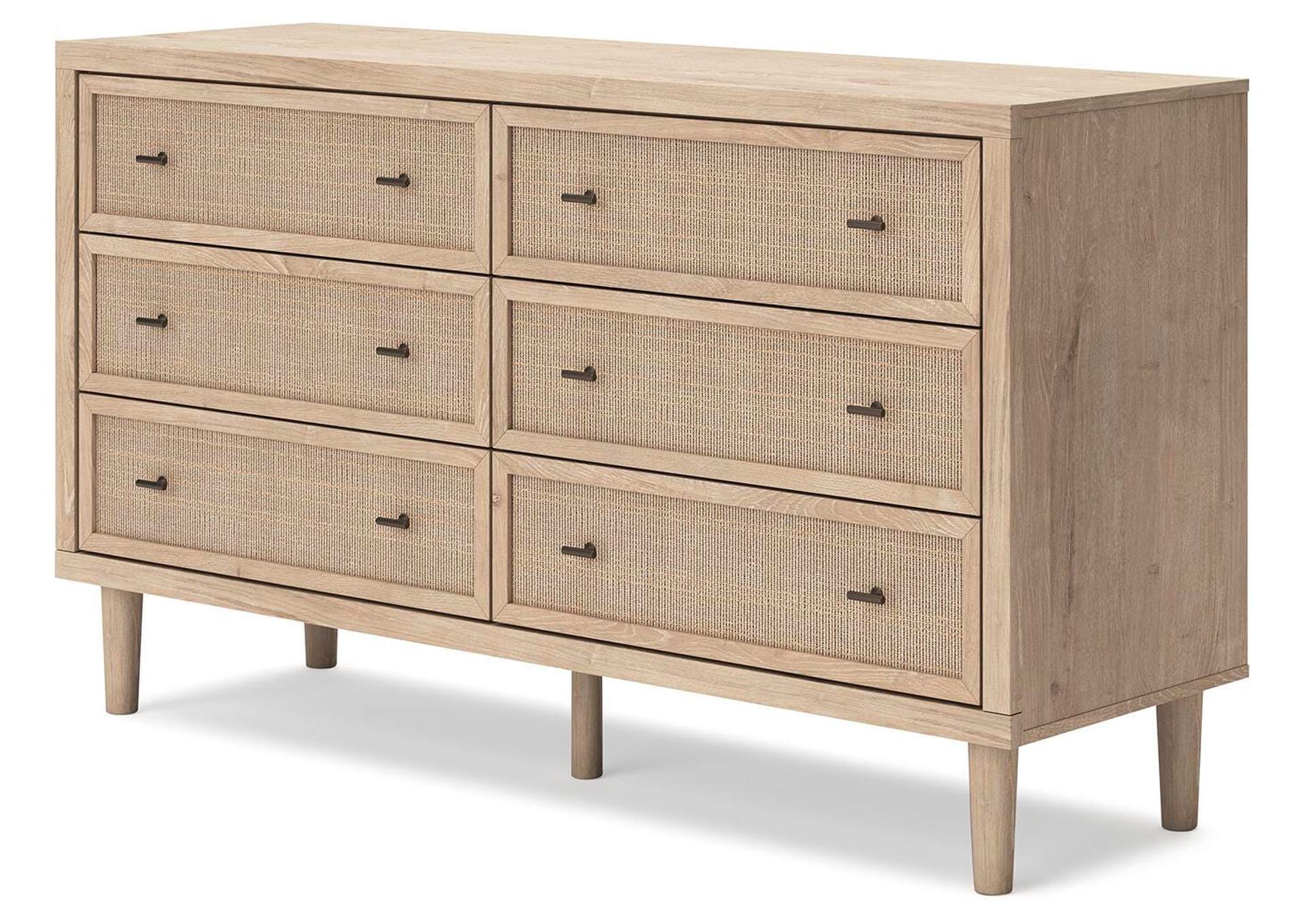 Cielden California King Upholstered Bed with Roll Slats, Dresser and Chest angled view