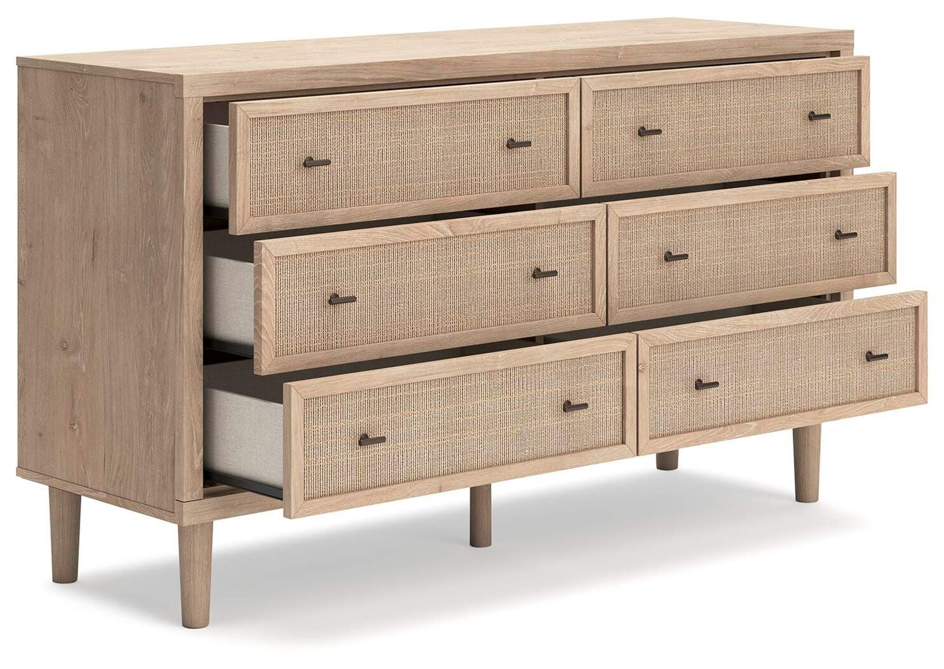 Cielden California King Upholstered Bed with Roll Slats and Dresser angled view