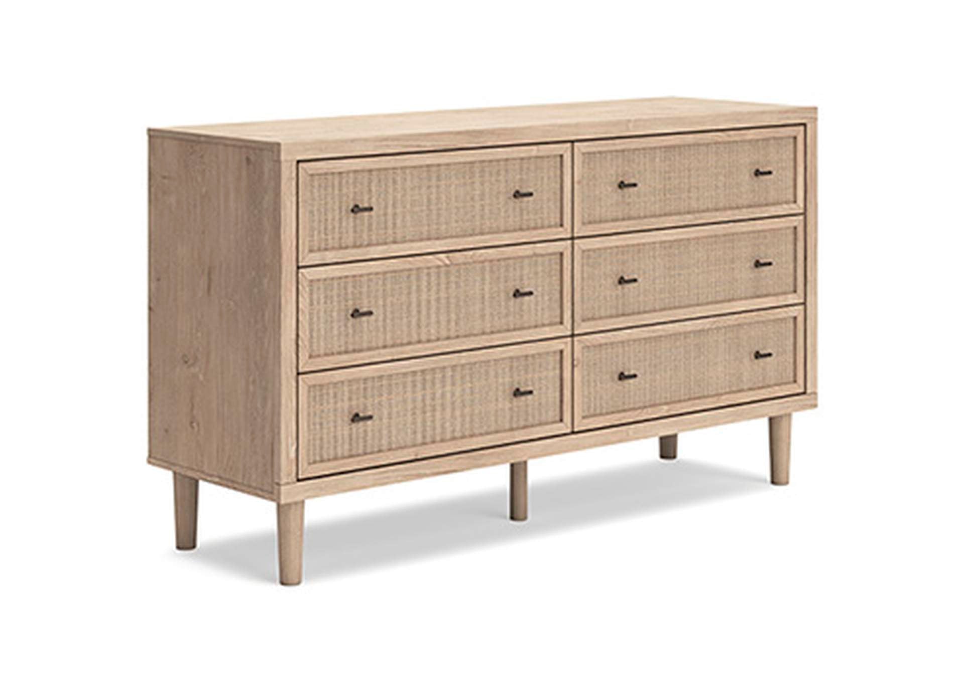 Cielden Queen Upholstered Bed with Roll Slats, Dresser and Nightstand angled view