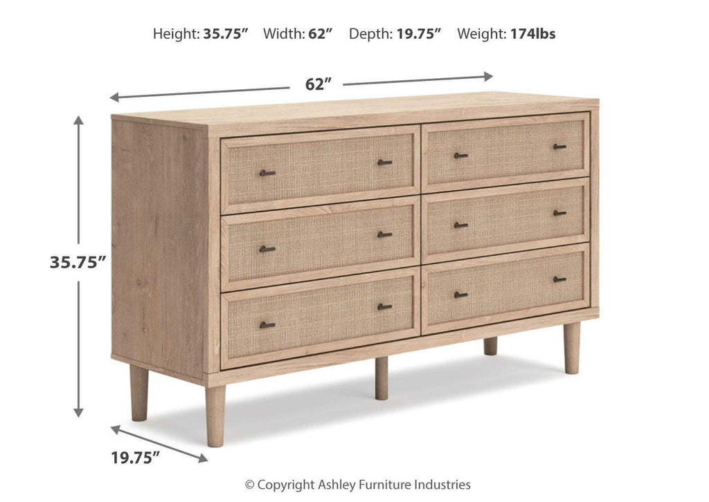 Cielden California King Upholstered Bed with Roll Slats, Dresser and Chest dimensions