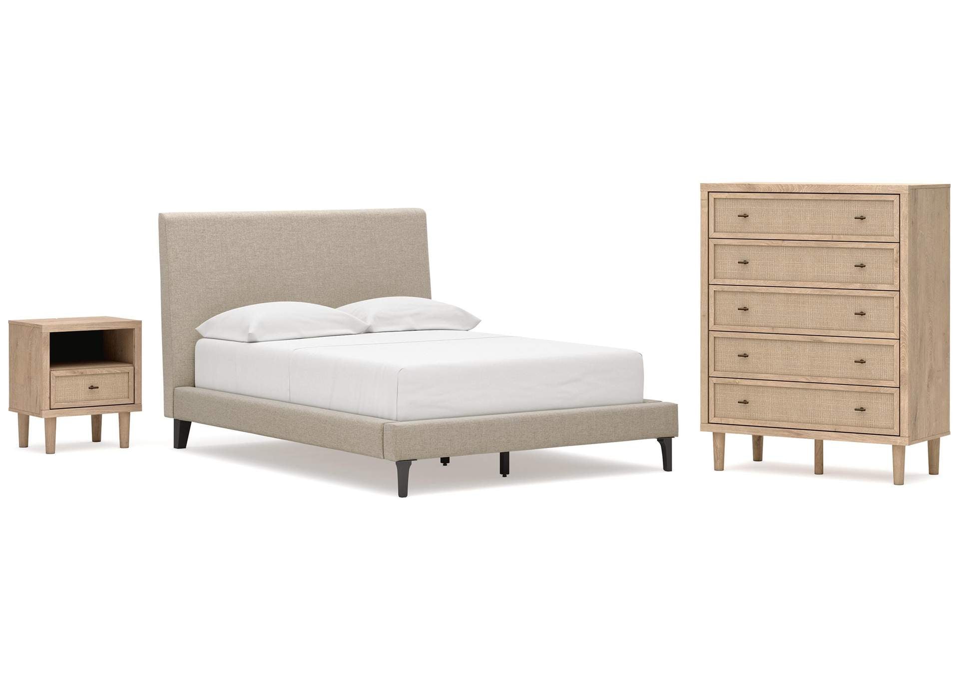 Cielden Full Upholstered Bed with Roll Slats, Chest and Nightstand