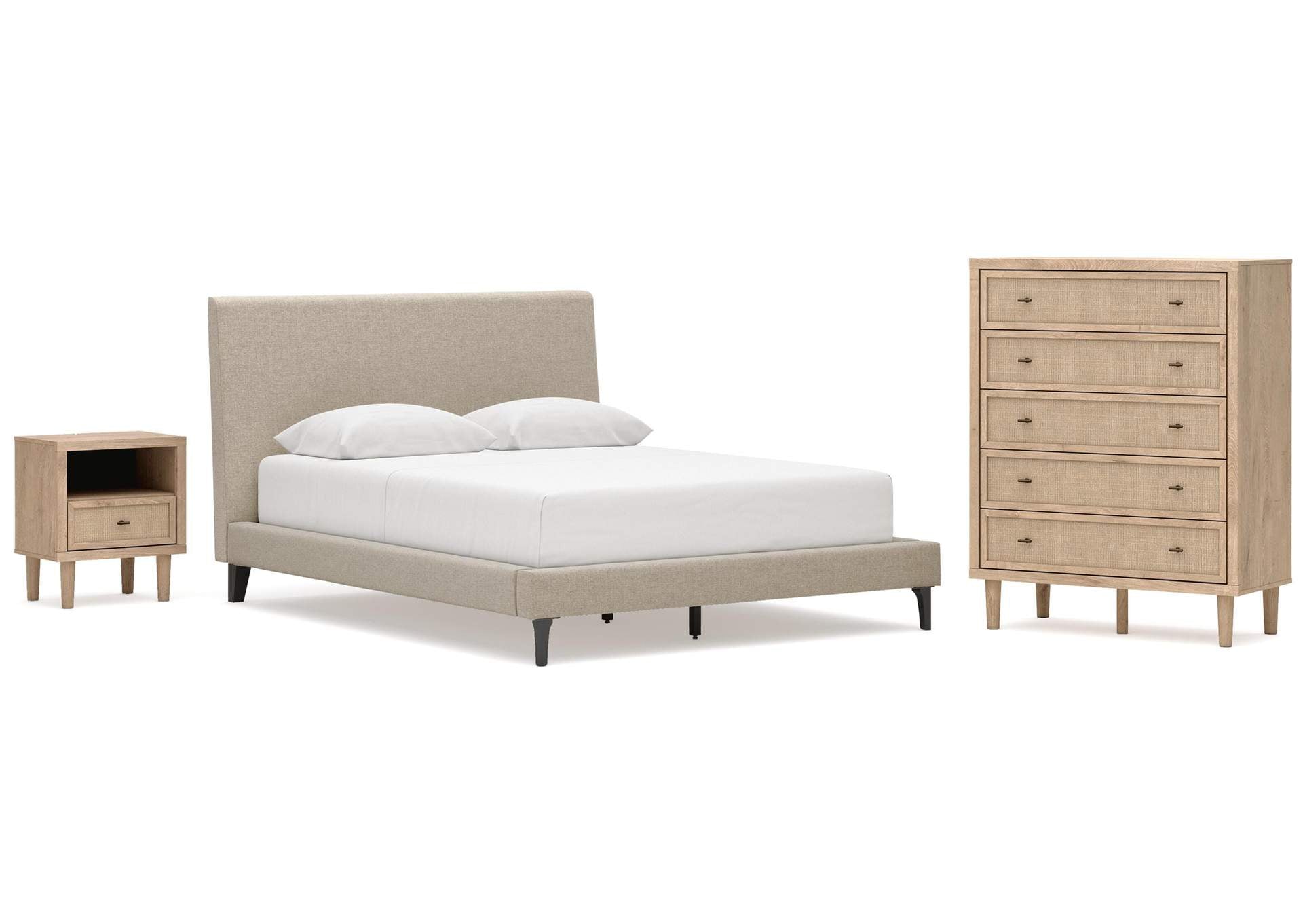 Cielden Queen Upholstered Bed with Roll Slats, Chest and Nightstand
