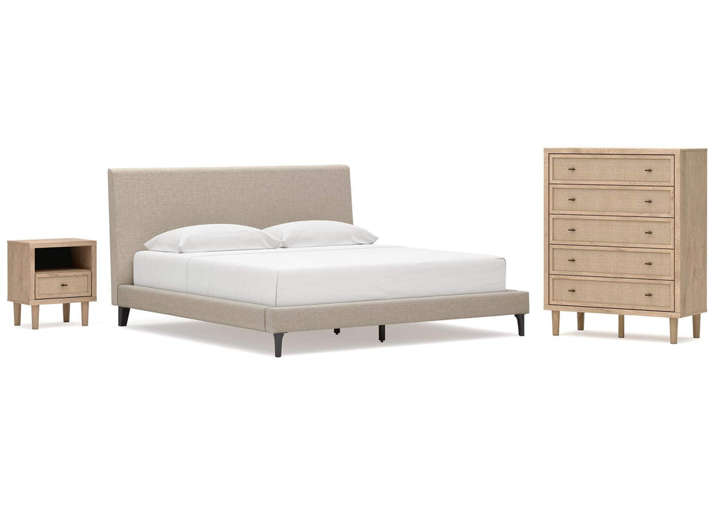 Cielden King Upholstered Bed with Roll Slats, Chest and Nightstand