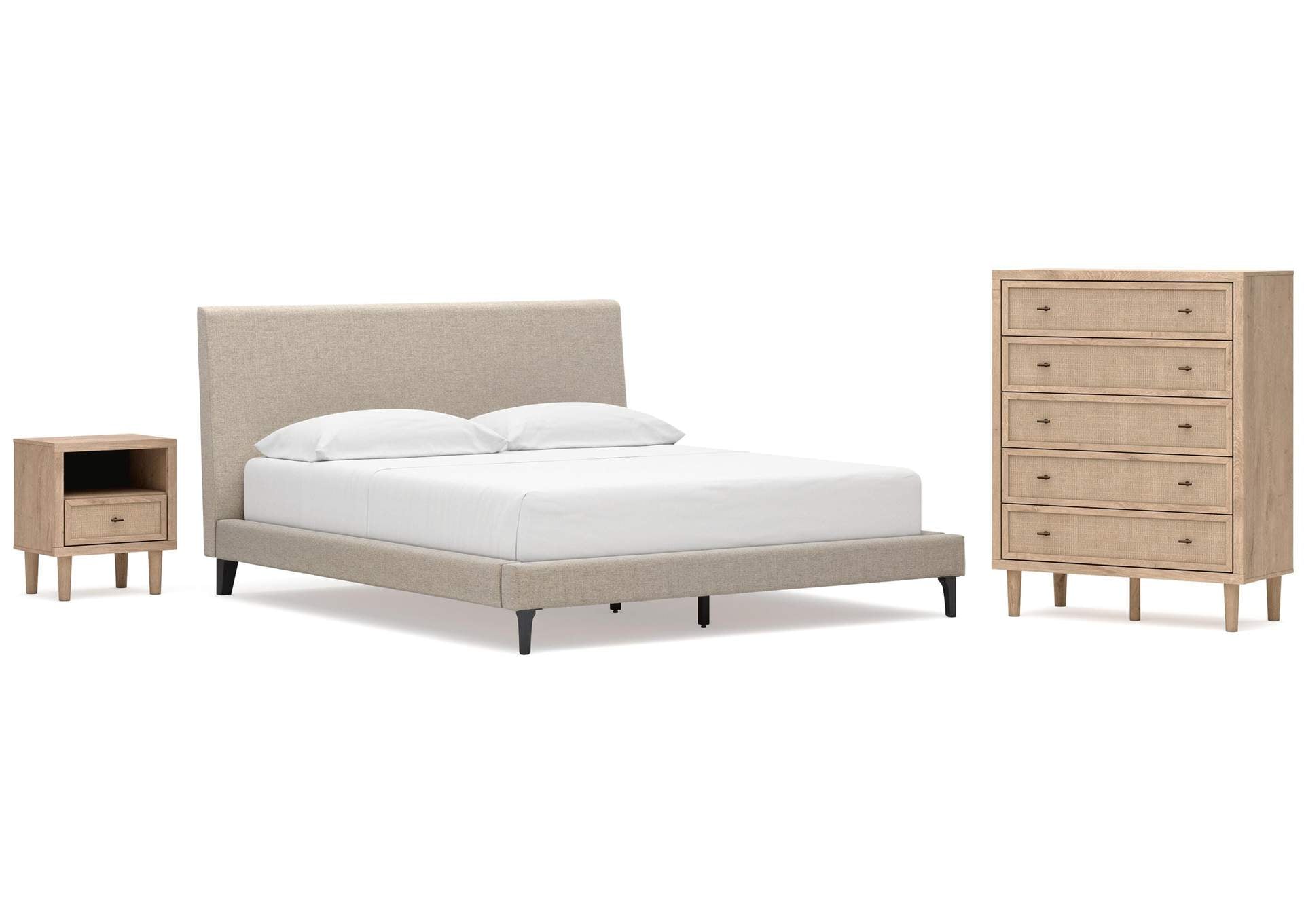 Cielden California King Upholstered Bed with Roll Slats, Chest and Nightstand