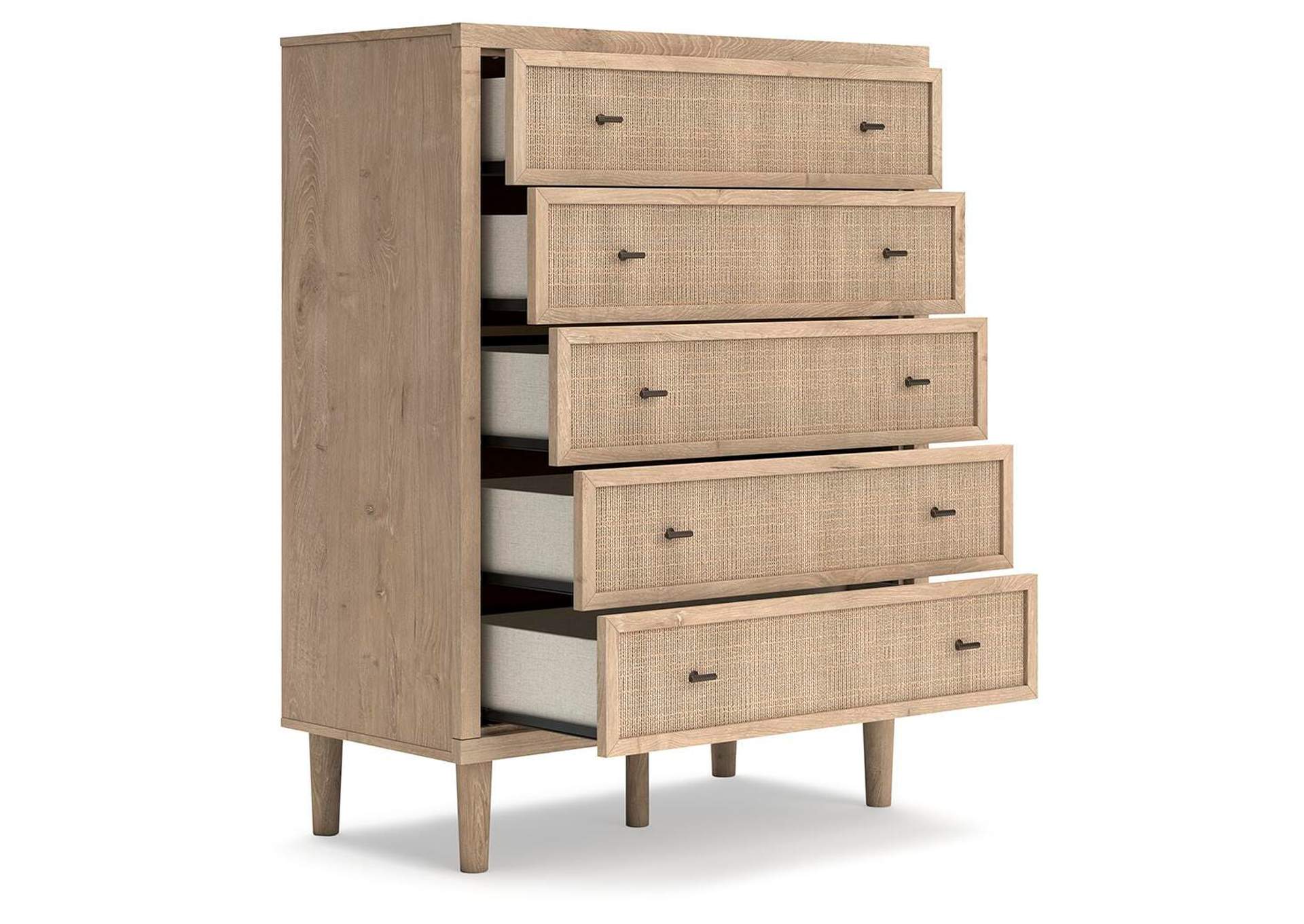 Cielden Queen Upholstered Bed with Roll Slats, Dresser and Chest angled view