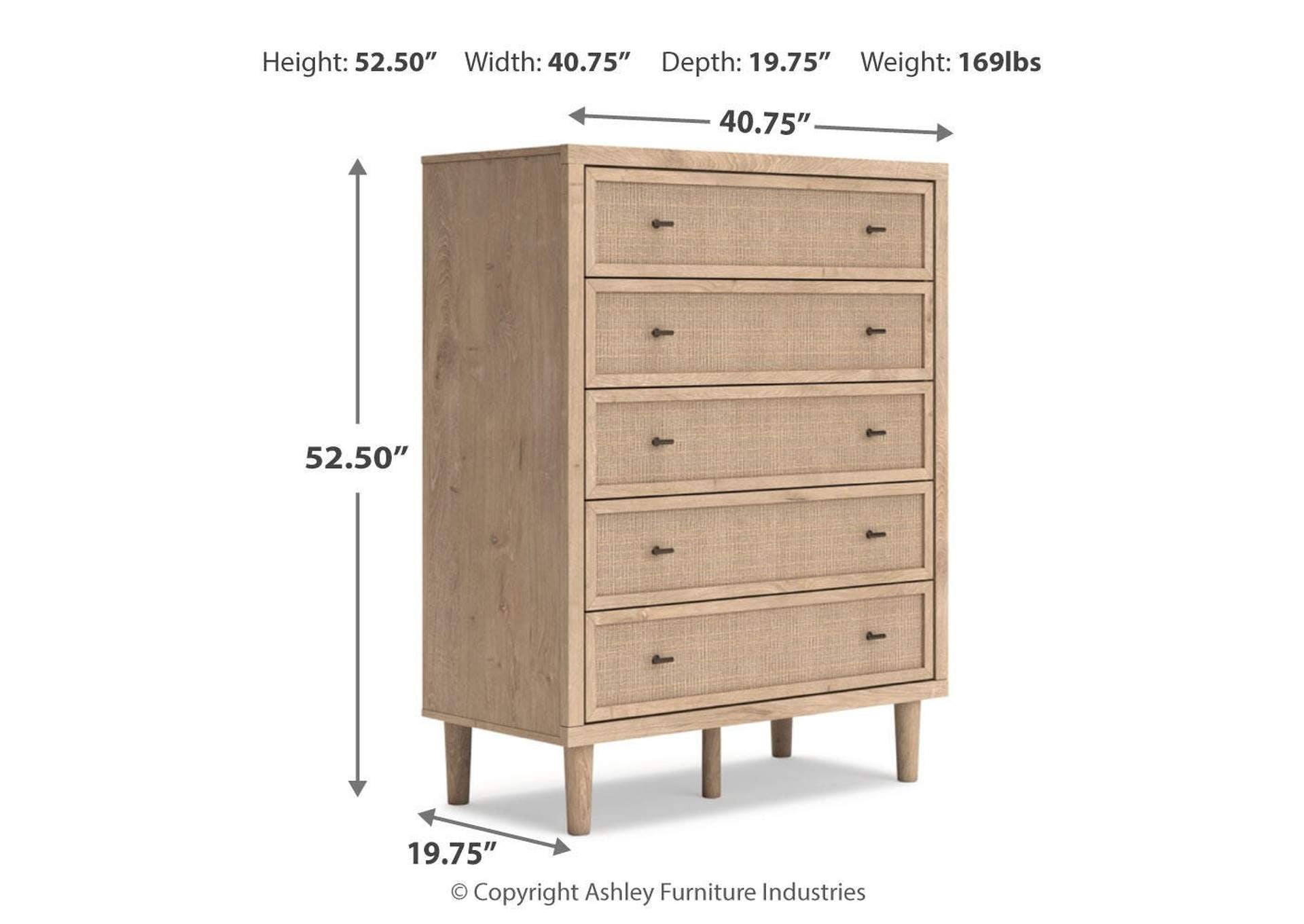 Cielden Full Upholstered Bed with Roll Slats, Chest and Nightstand dimensions