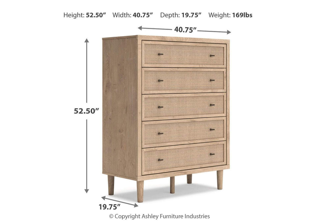 Cielden King Upholstered Bed with Roll Slats, Dresser and Chest dimensions