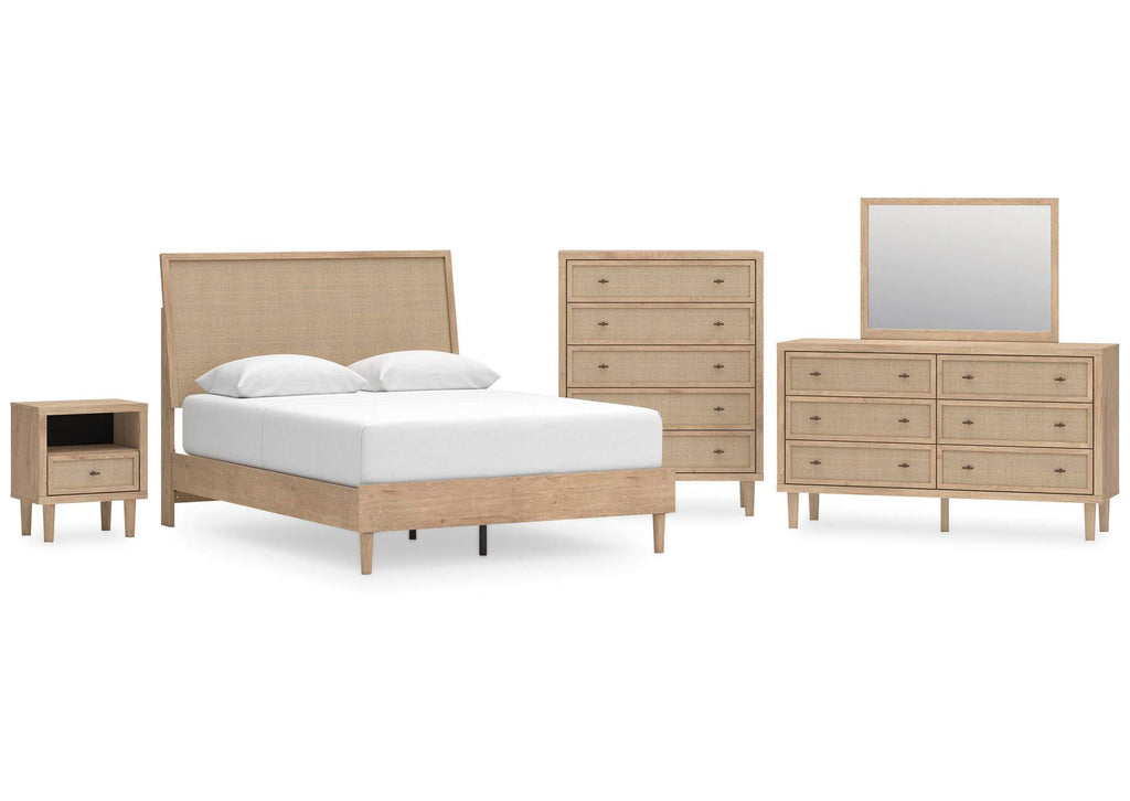 Cielden Queen Panel Bed with Mirrored Dresser, Chest and Nightstand