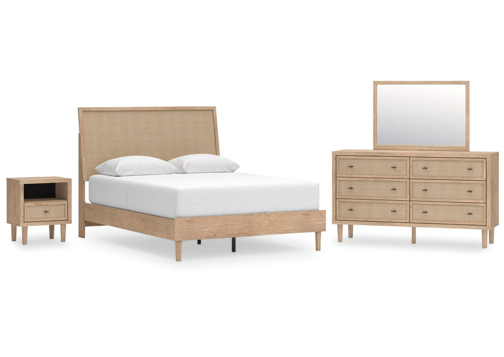 Cielden Queen Panel Bed with Mirrored Dresser and Nightstand