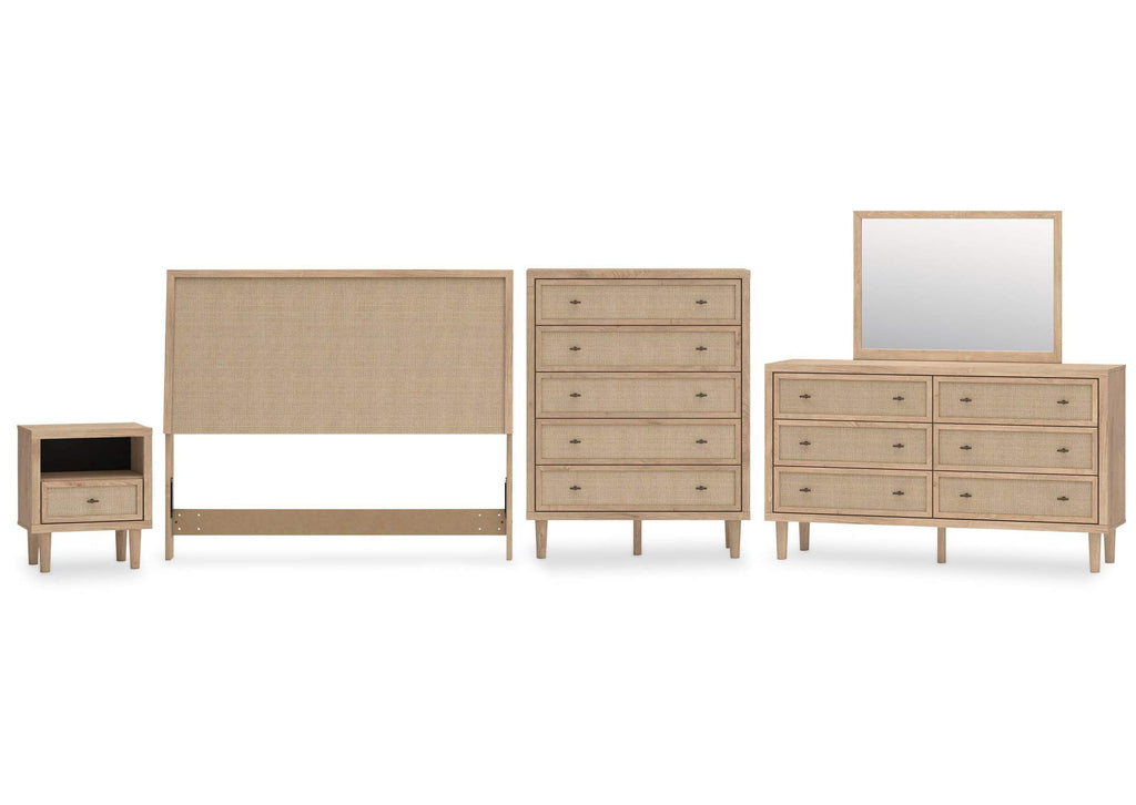 Cielden Queen Panel Headboard with Mirrored Dresser, Chest and Nightstand