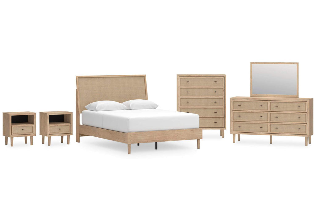 Cielden Queen Panel Bed with Mirrored Dresser, Chest and 2 Nightstands