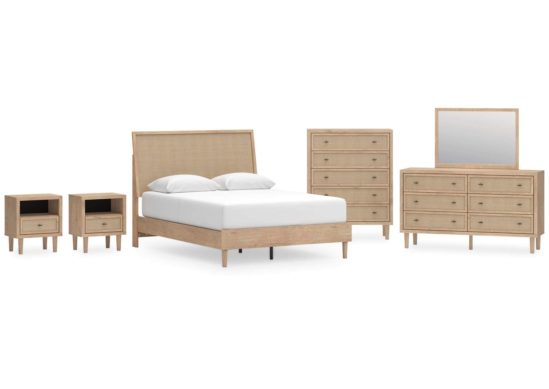 Cielden Queen Panel Bed with Mirrored Dresser, Chest and 2 Nightstands