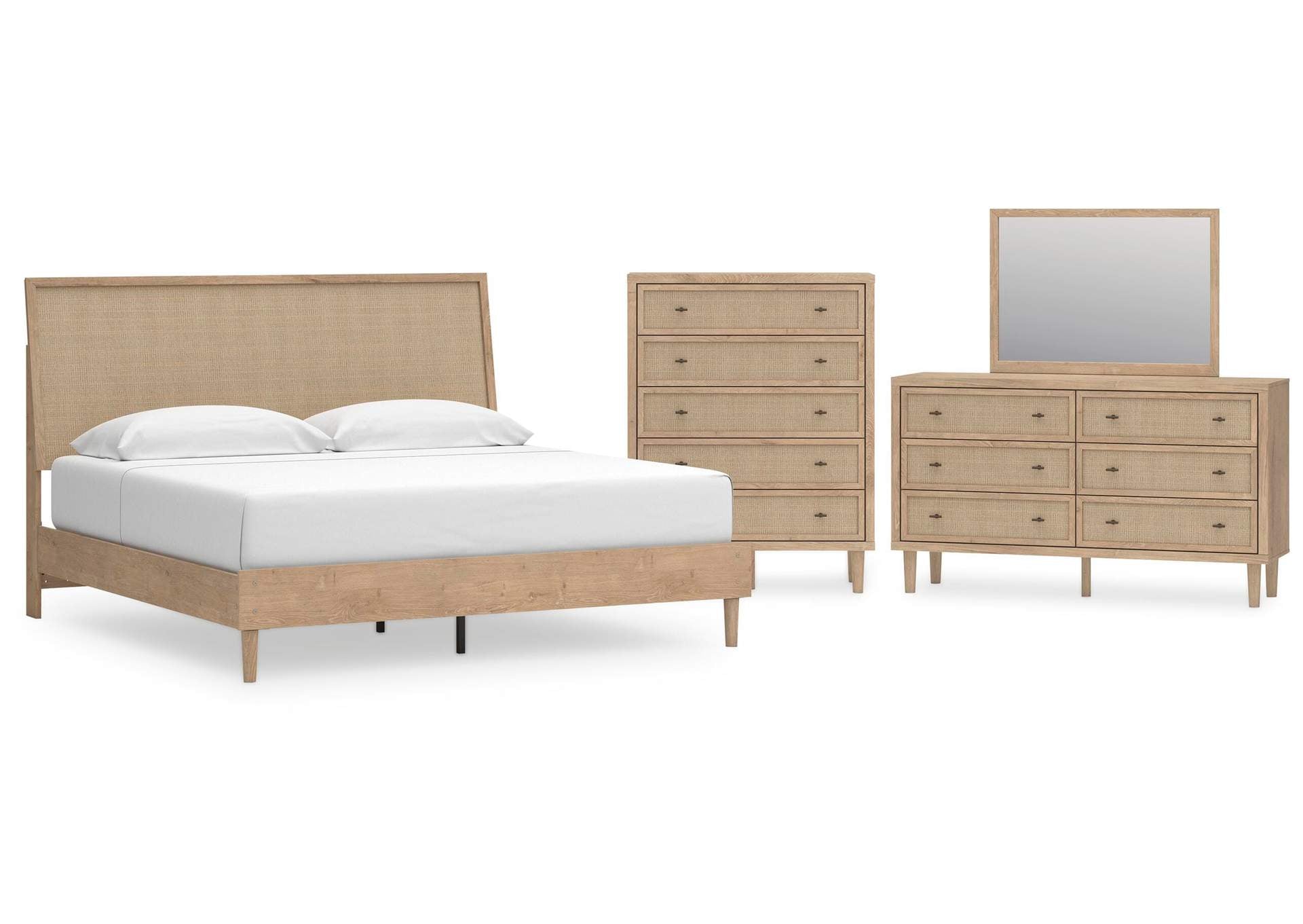 Cielden King Panel Bed with Mirrored Dresser and Chest