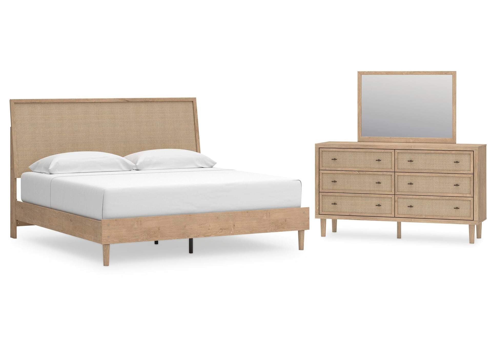 Cielden King Panel Bed with Mirrored Dresser