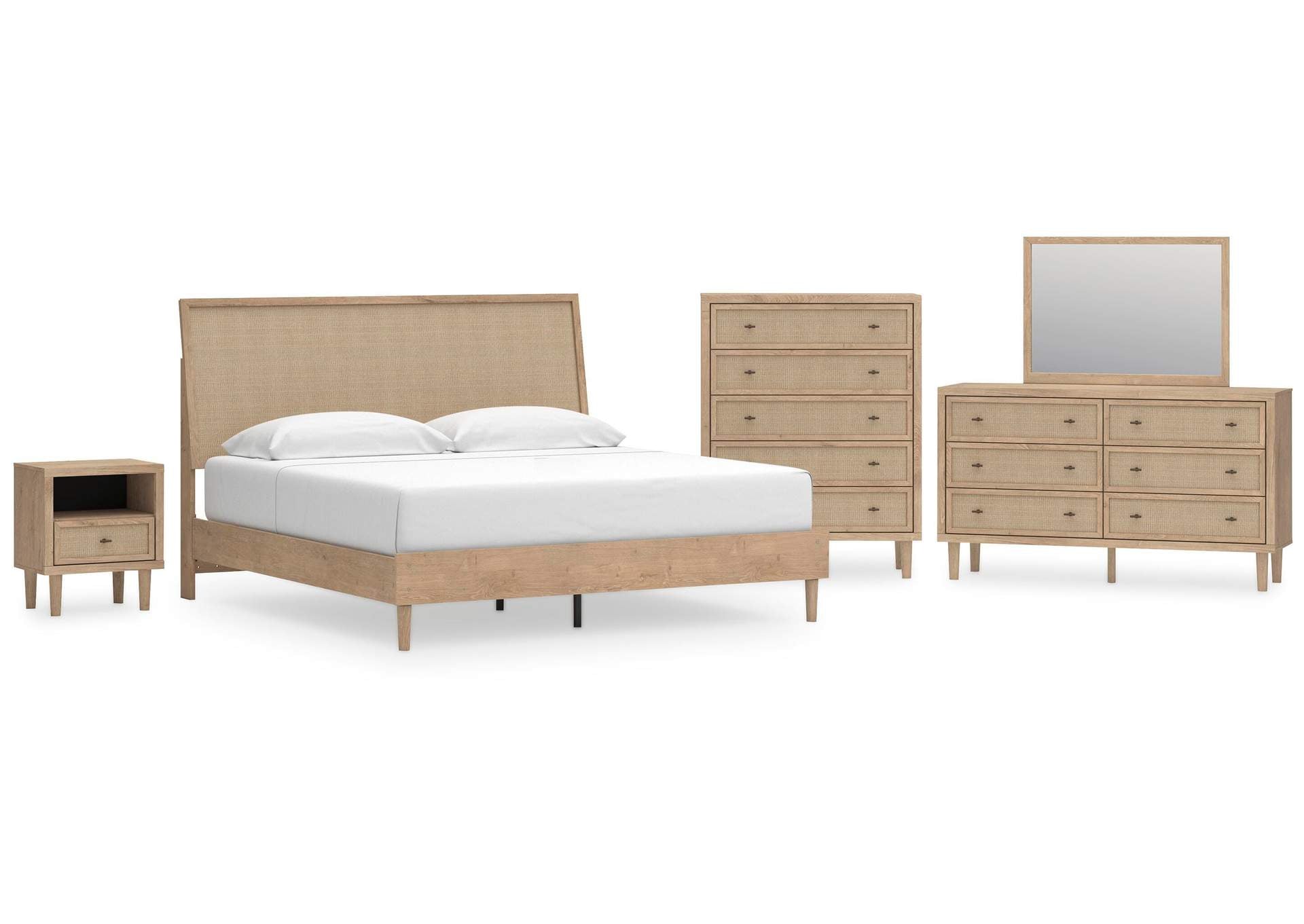 Cielden King Panel Bed with Mirrored Dresser, Chest and Nightstand