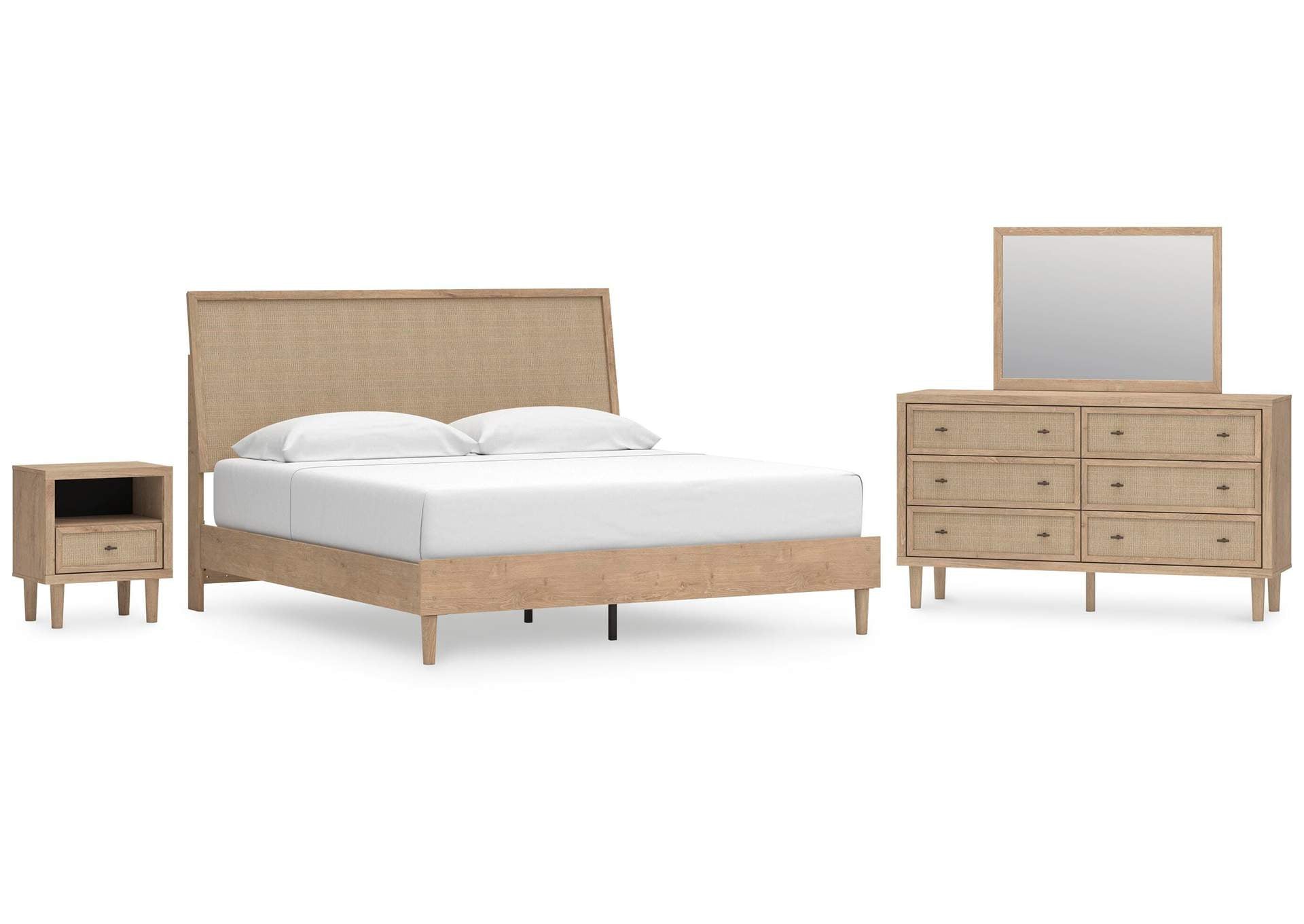 Cielden King Panel Bed with Mirrored Dresser and Nightstand