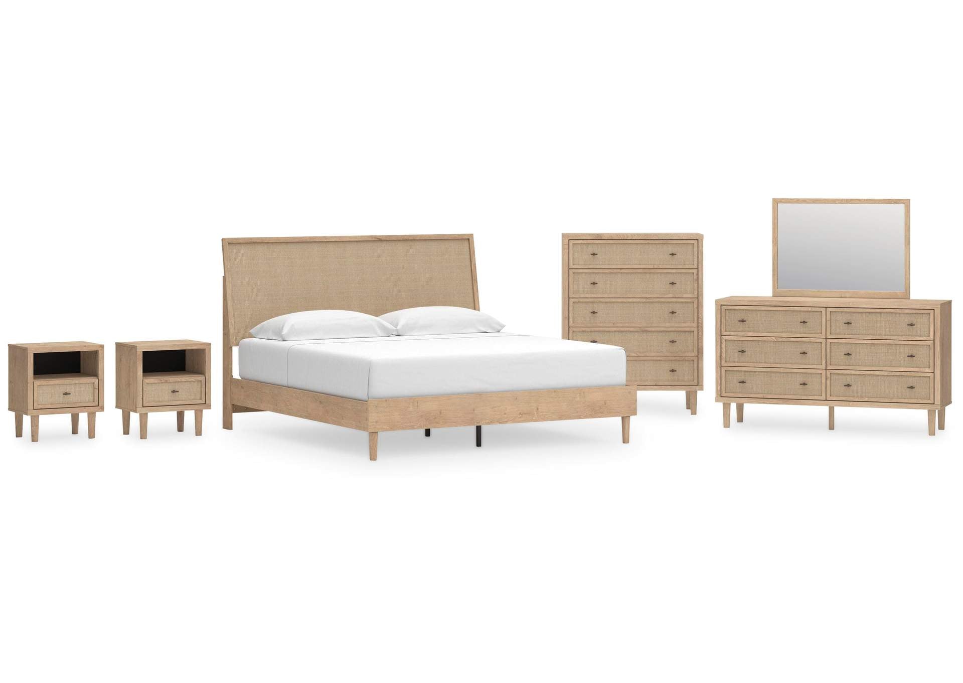 Cielden King Panel Bed with Mirrored Dresser, Chest and 2 Nightstands