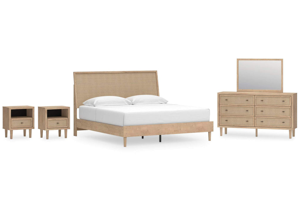 Cielden King Panel Bed with Mirrored Dresser and 2 Nightstands