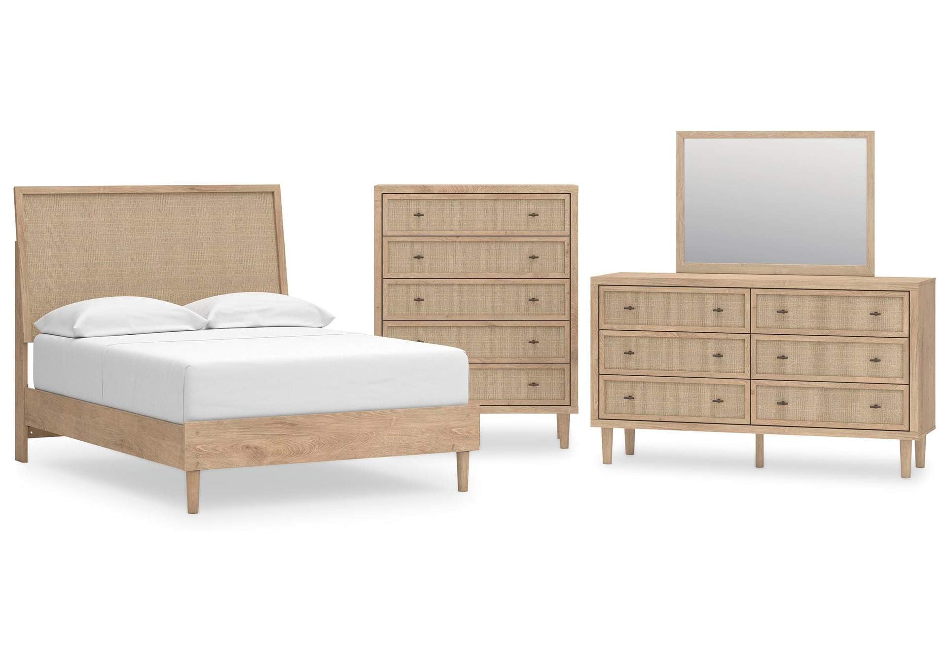 Cielden Full Panel Bed with Mirrored Dresser and Chest