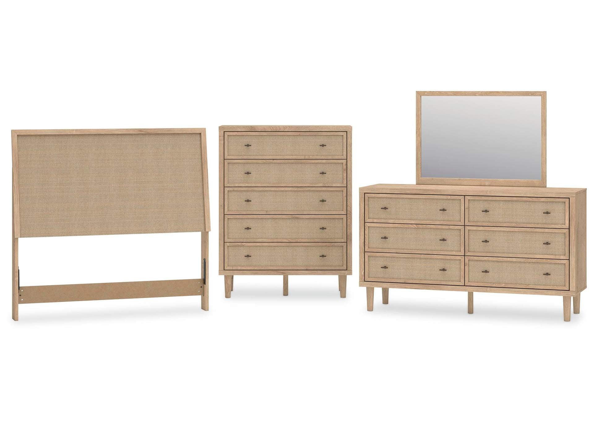 Cielden Full Upholstered Panel Bed with Mirrored Dresser and Chest