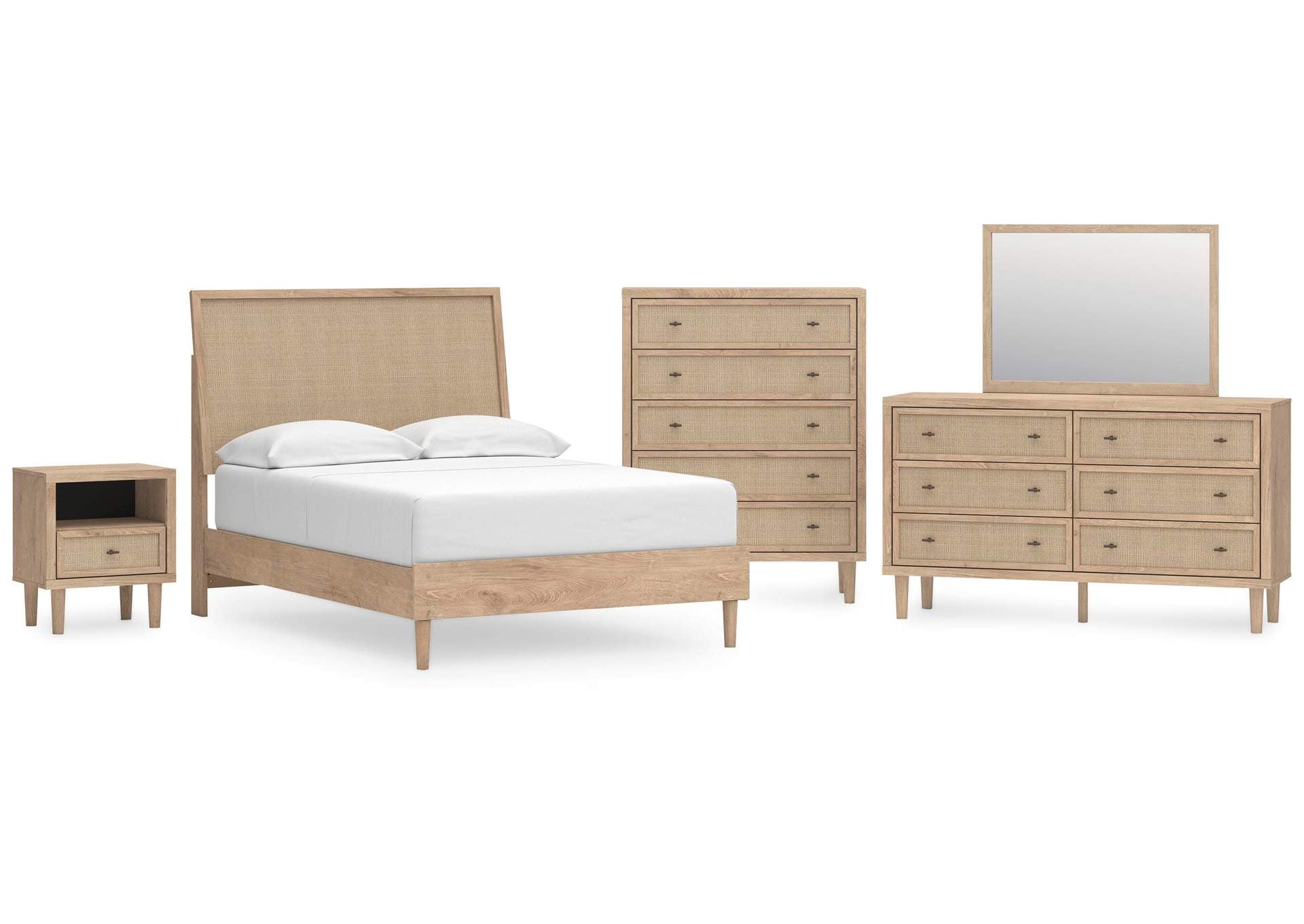 Cielden Full Panel Bed with Mirrored Dresser, Chest and Nightstand