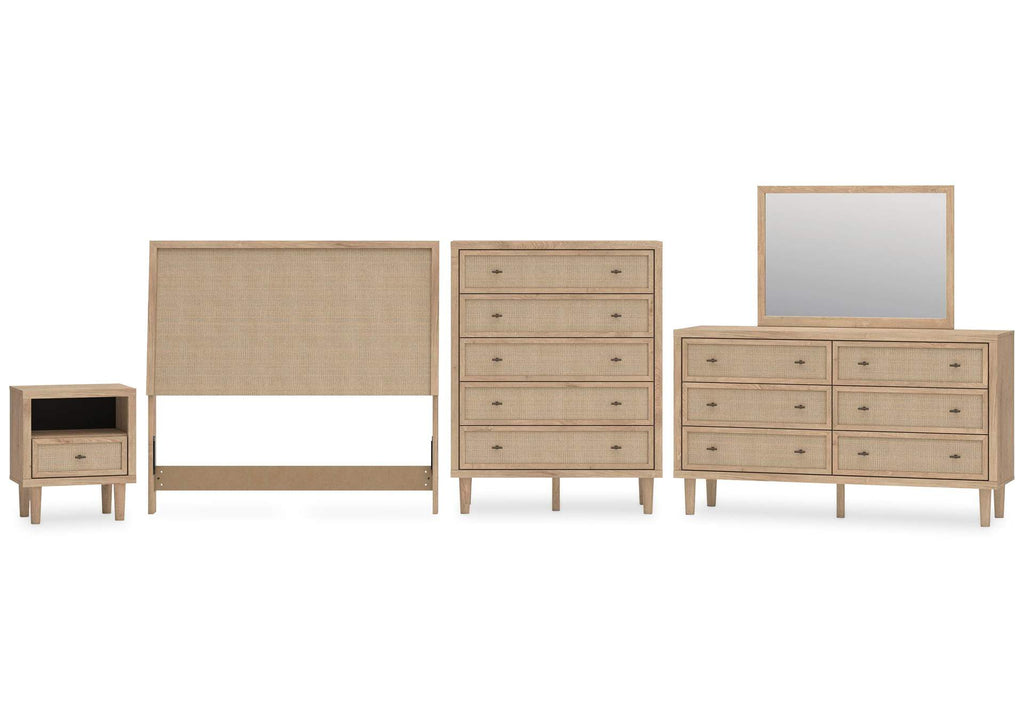 Cielden Full Upholstered Panel Bed with Mirrored Dresser, Chest and Nightstand