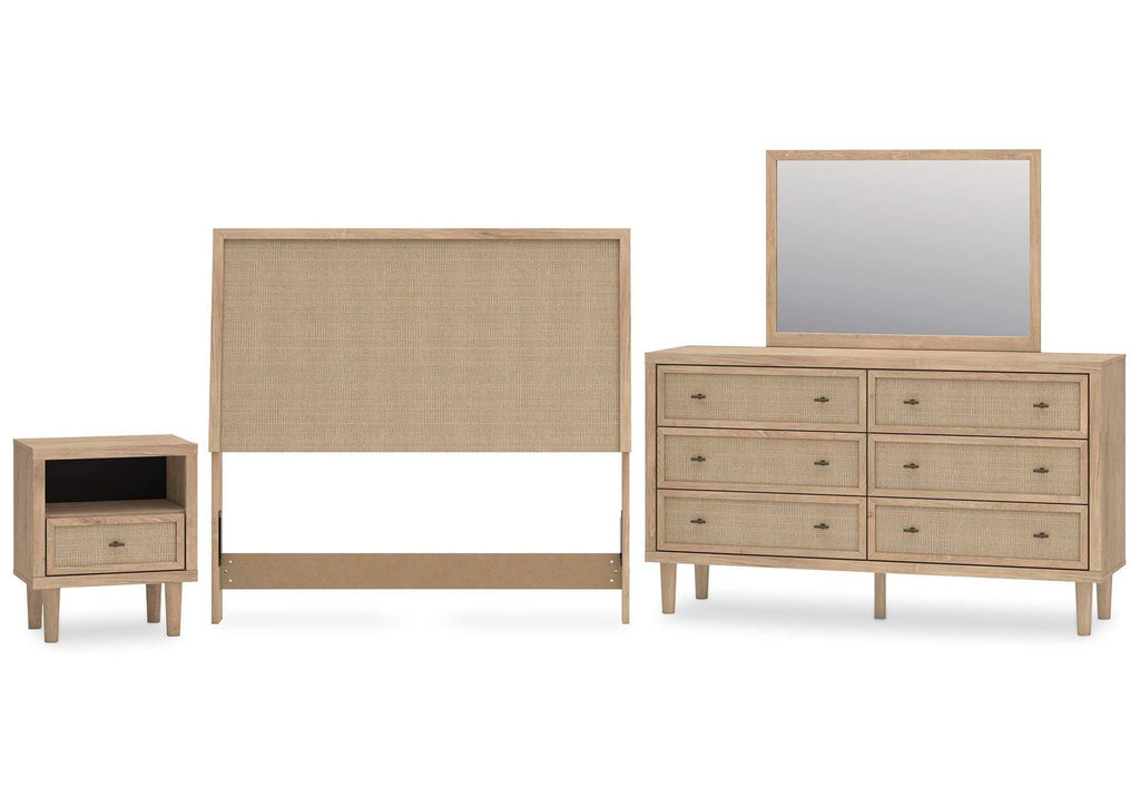 Cielden Full Upholstered Panel Bed with Mirrored Dresser and Nightstand
