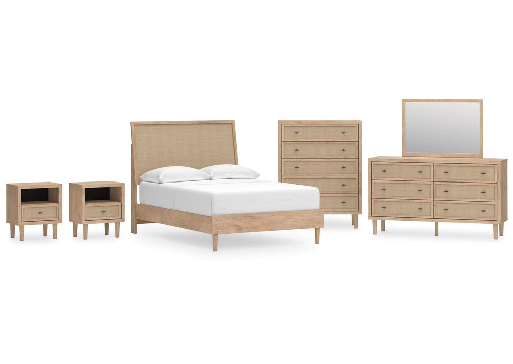 Cielden Full Panel Bed with Mirrored Dresser, Chest and 2 Nightstands