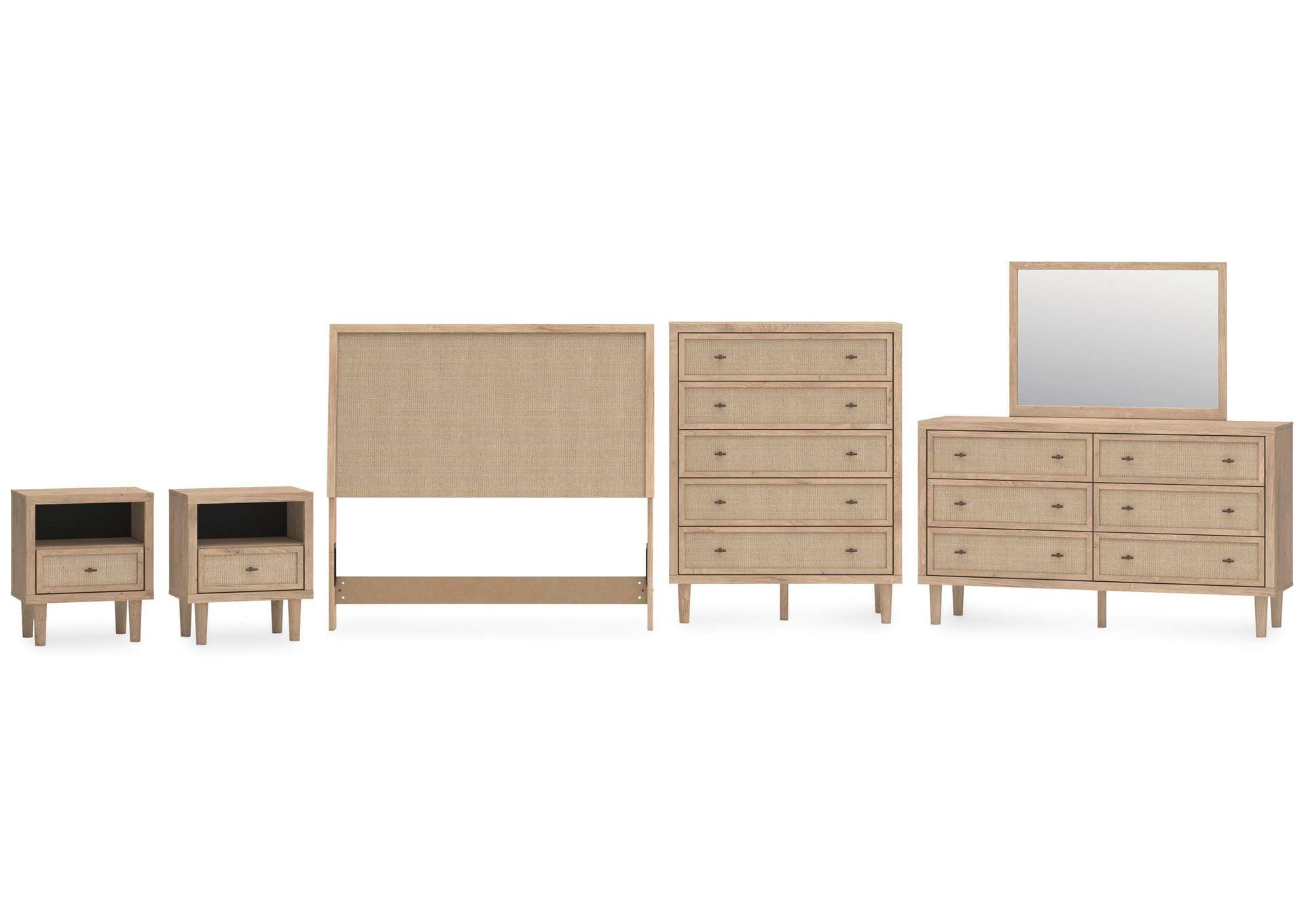Cielden Full Upholstered Panel Bed with Mirrored Dresser, Chest and 2 Nightstands