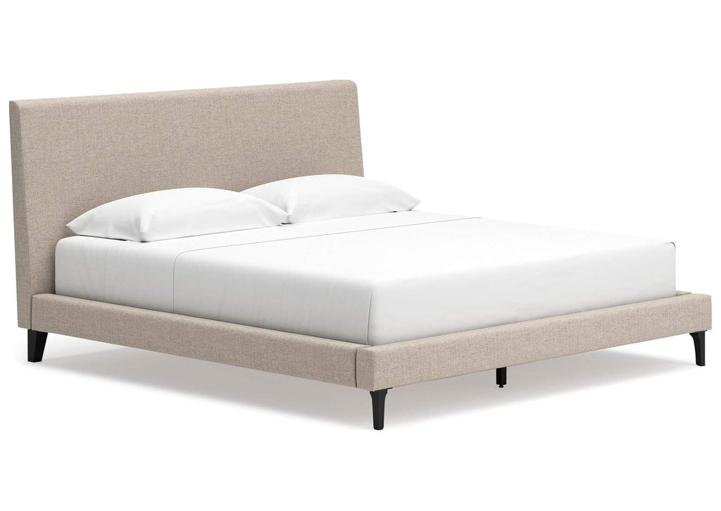 Cielden King Upholstered Bed with Roll Slats, Chest and Nightstand angled view