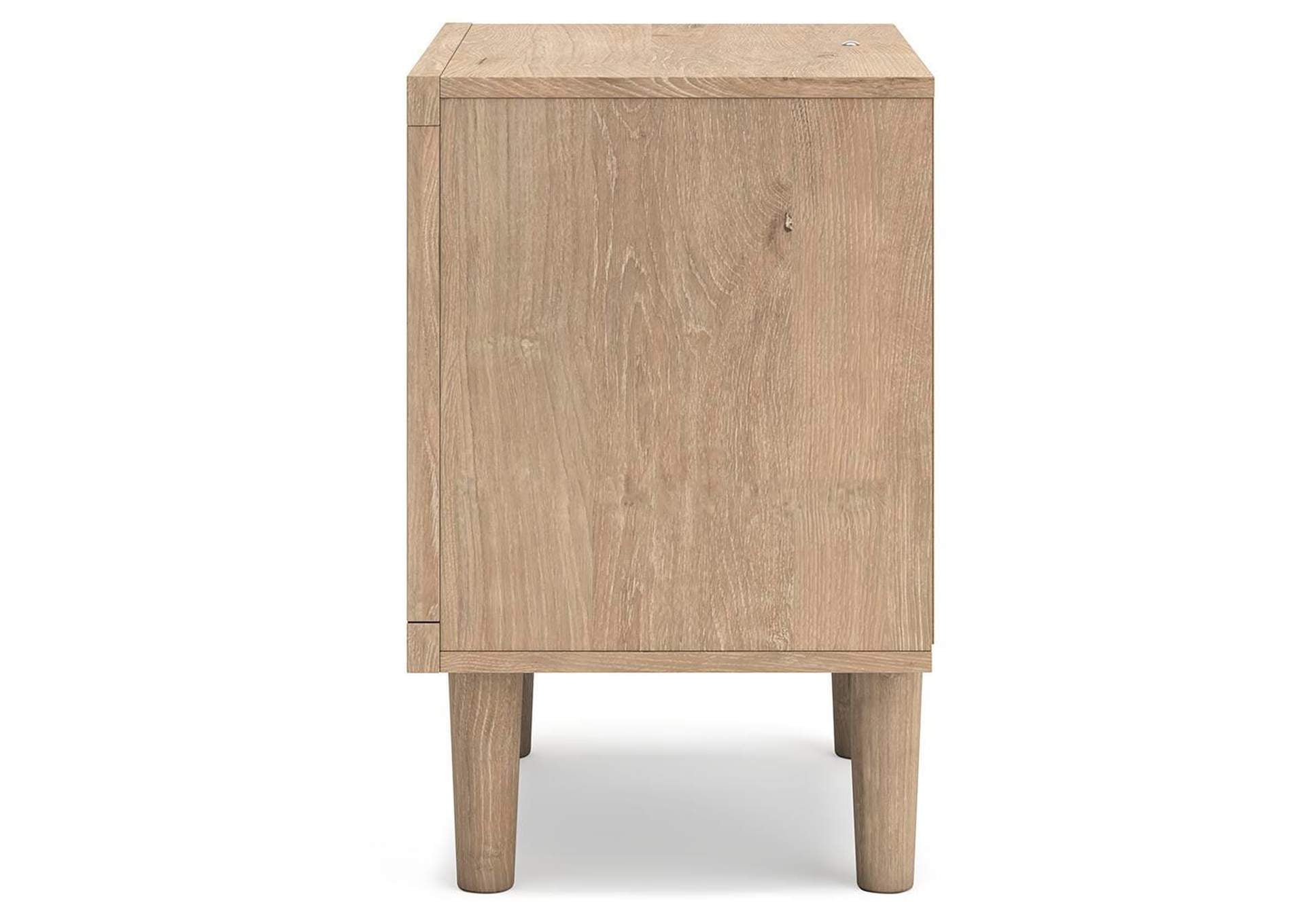 Cielden Full Upholstered Panel Bed with Mirrored Dresser, Chest and 2 Nightstands side view