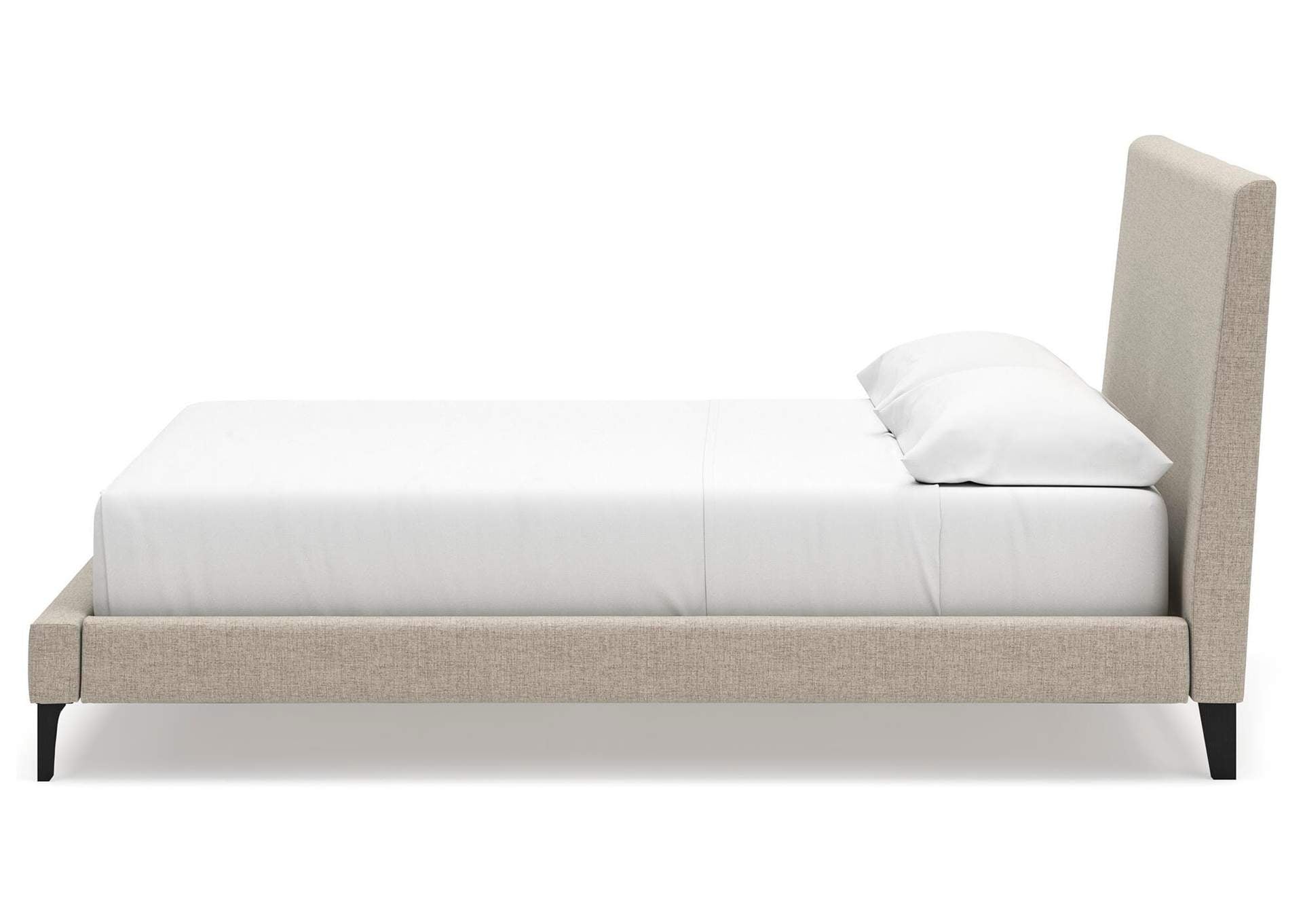 Cielden California King Upholstered Bed with Roll Slats, Chest and Nightstand side view