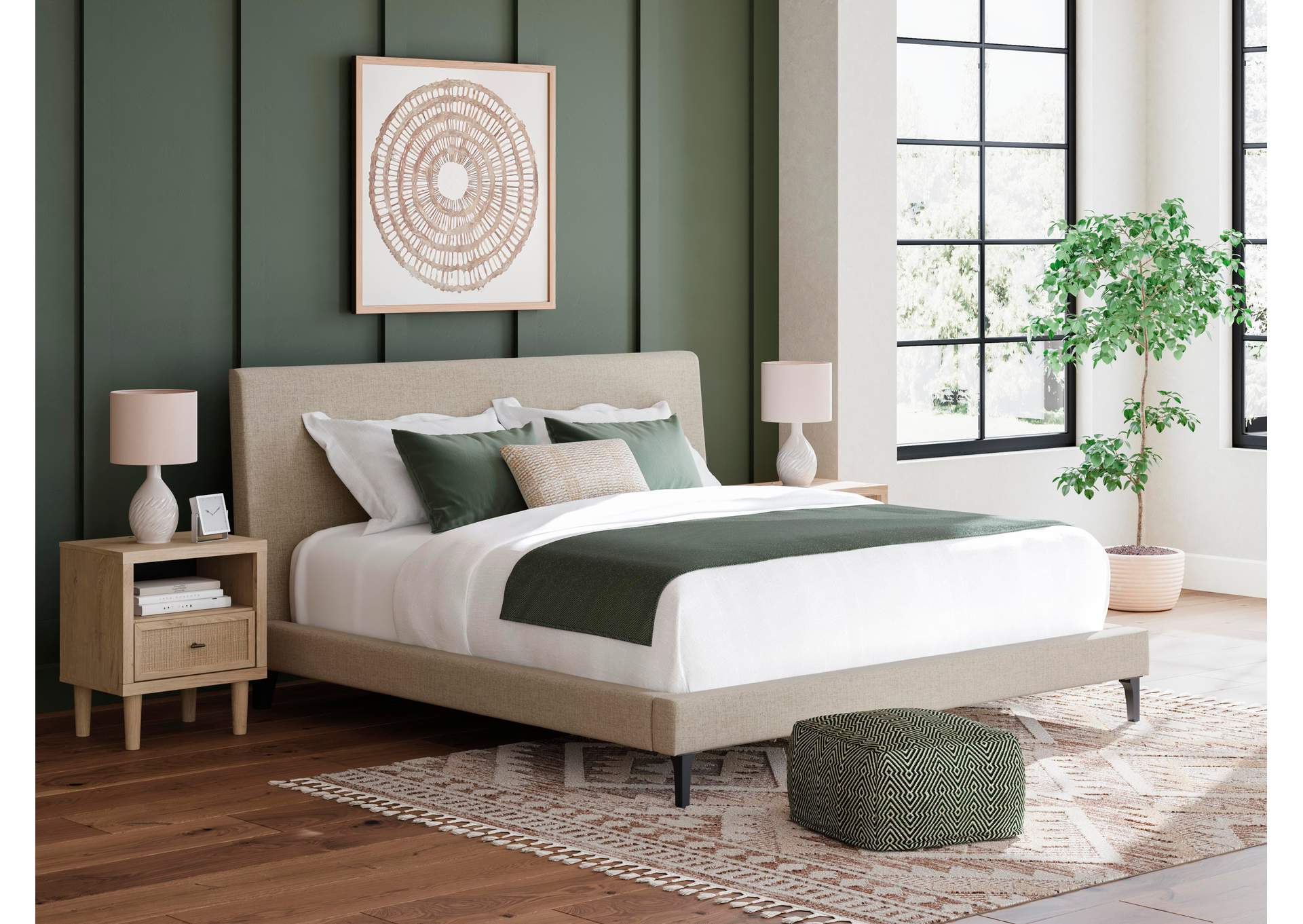 Cielden California King Upholstered Bed with Roll Slats and Dresser