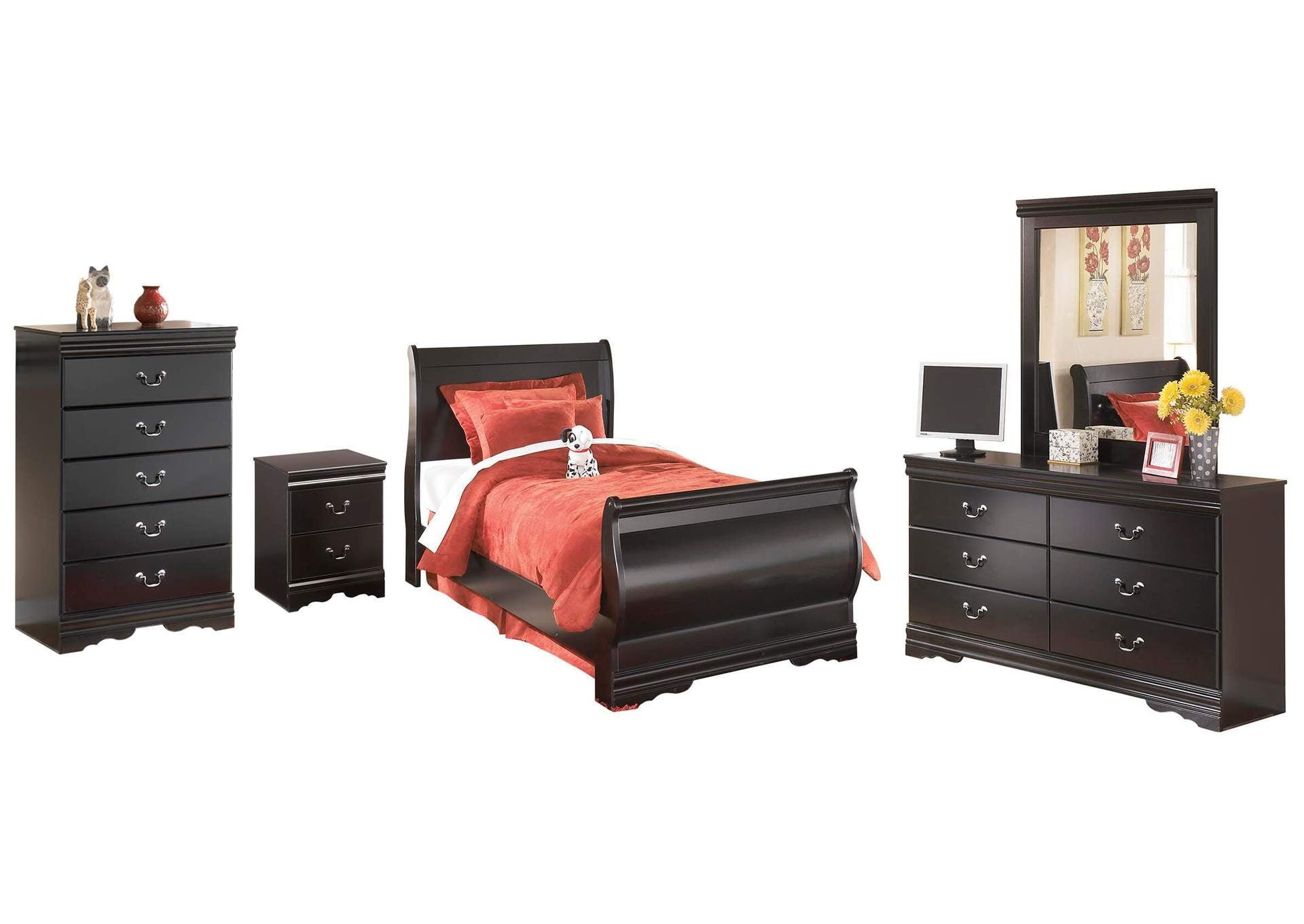 Huey Vineyard Twin Sleigh Bed with Mirrored Dresser, Chest and Nightstand