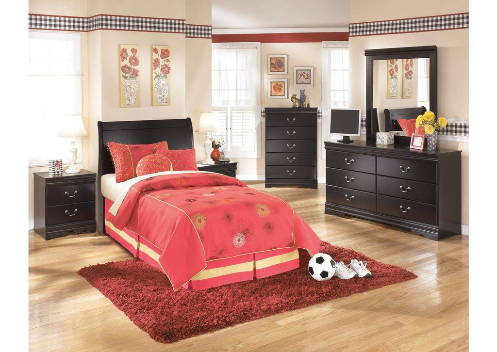 Huey Vineyard Twin Sleigh Headboard Bed with Mirrored Dresser, Chest and 2 Nightstands