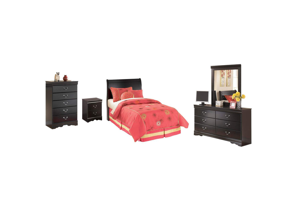 Huey Vineyard Twin Sleigh Headboard Bed with Mirrored Dresser, Chest and Nightstand
