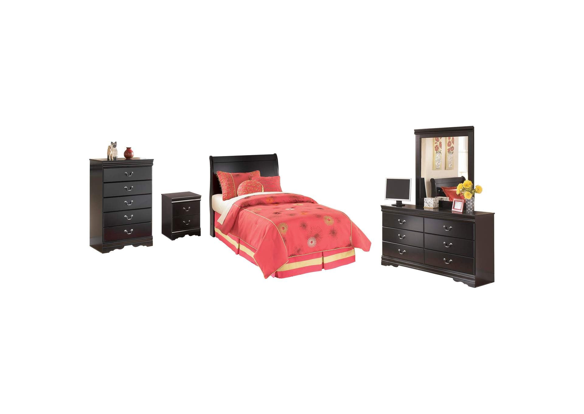 Huey Vineyard Twin Sleigh Headboard Bed with Mirrored Dresser, Chest and Nightstand
