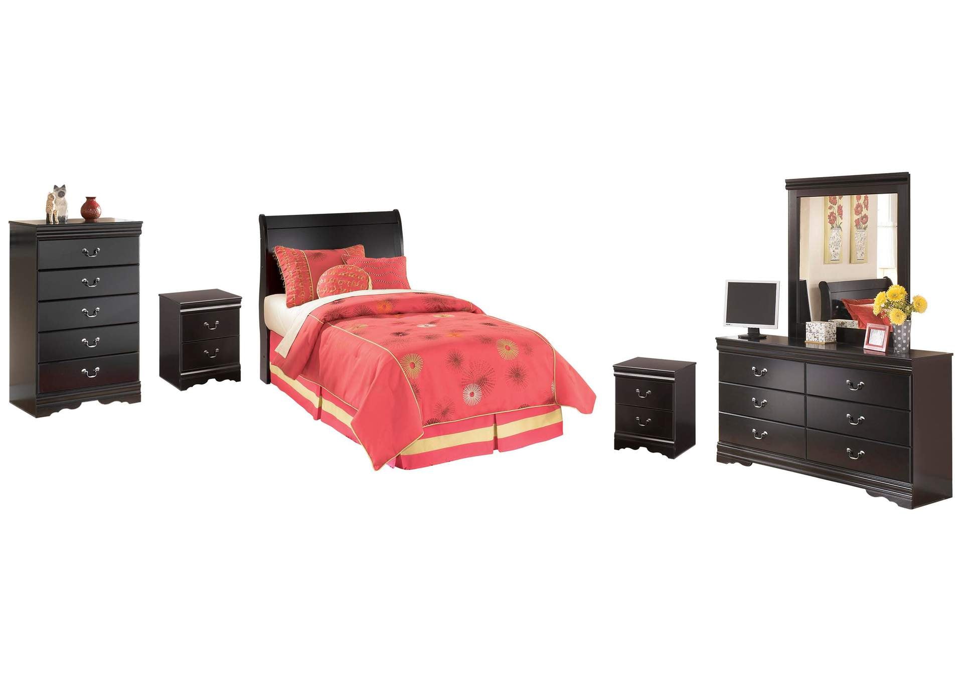 Huey Vineyard Twin Sleigh Headboard Bed with Mirrored Dresser, Chest and 2 Nightstands